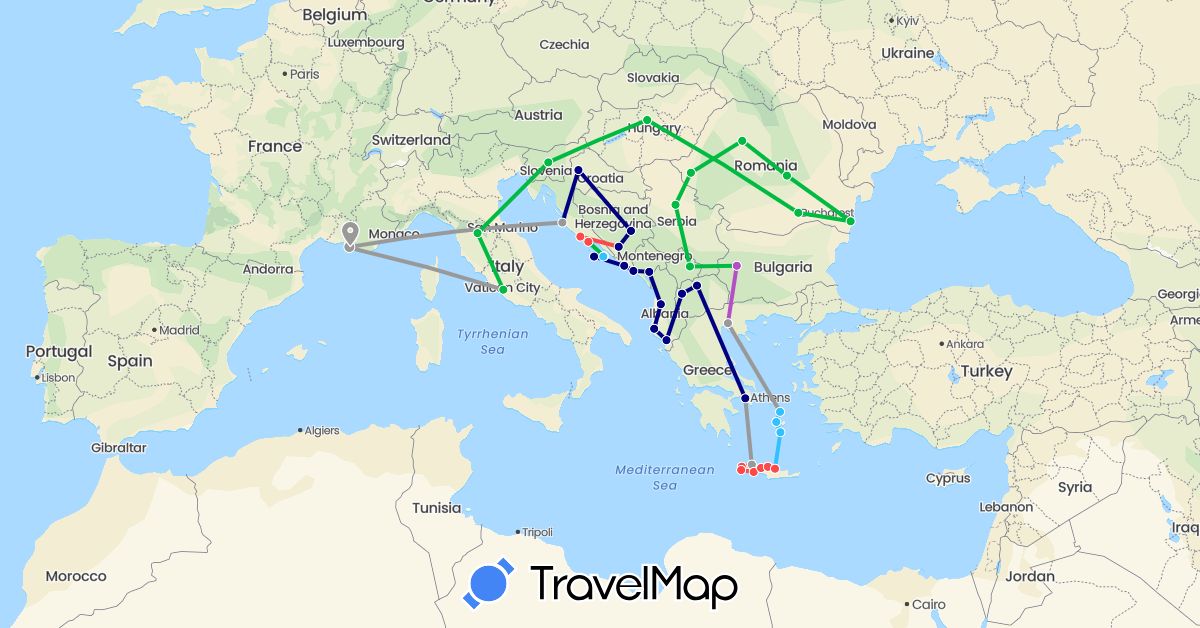 TravelMap itinerary: driving, bus, plane, train, hiking, boat in Albania, Bosnia and Herzegovina, Bulgaria, France, Greece, Croatia, Hungary, Italy, Montenegro, Macedonia, Romania, Serbia, Slovenia (Europe)